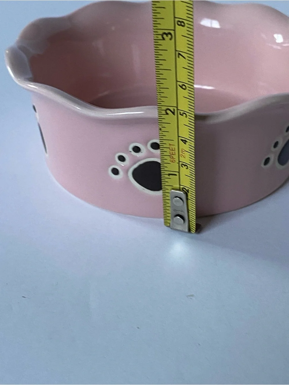 Pink Ceramic Dog Food Water Dish Bowl Stoneware 5” Wavy Edge Paw Prints Bone